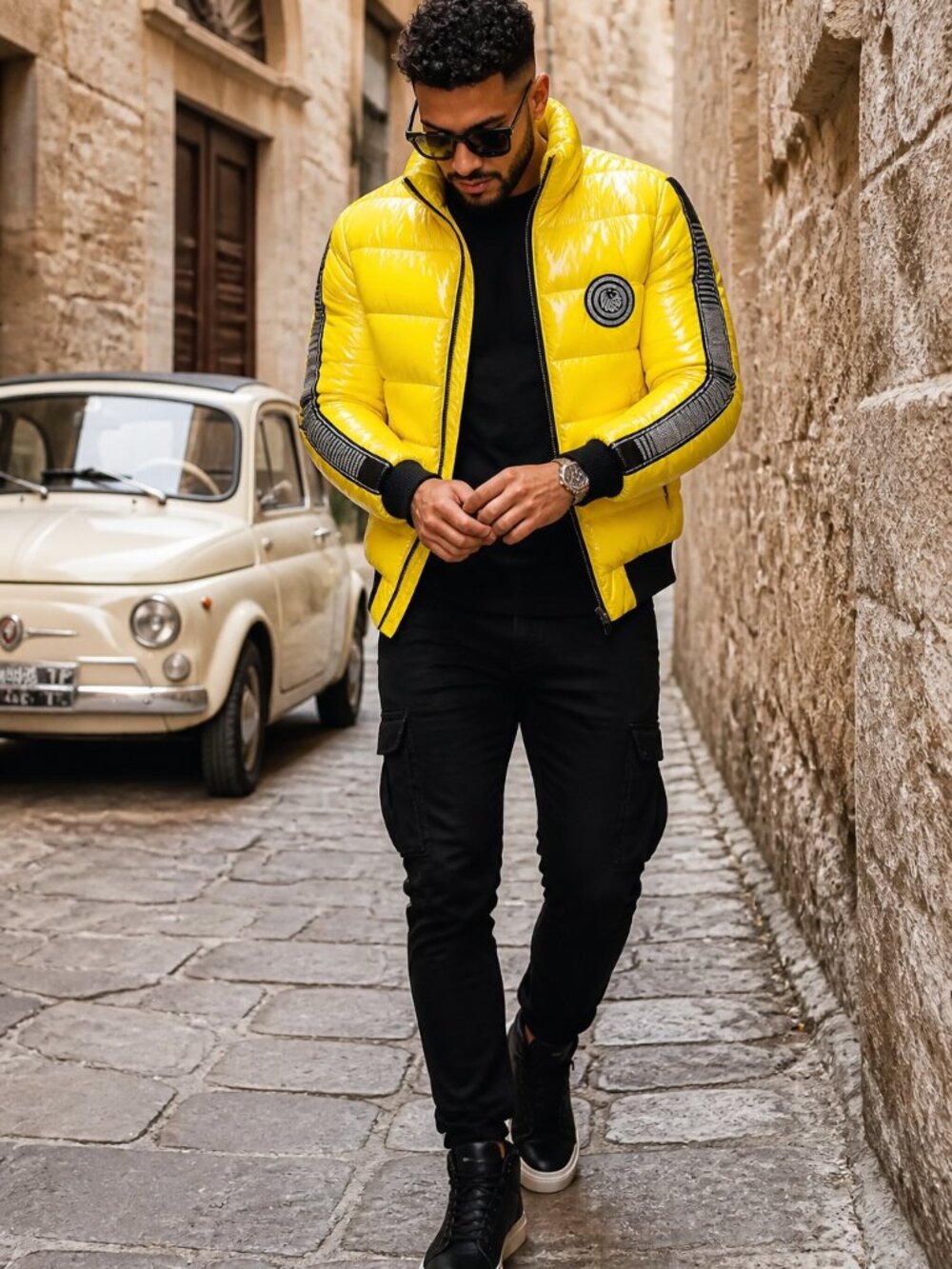 Switch Remarkable Glossy Yellow Puffer Jacket Rhinestone Lion Streetwear Men 3XL